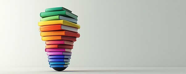 3D rendering of a light bulb formed from stacked colorful books, bright and energetic design, modern innovation, white background