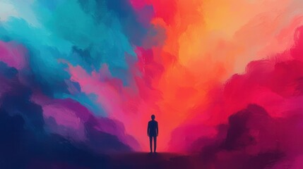 Fototapeta premium Surreal Landscape with Figure in Vibrant Colorful Sky Background