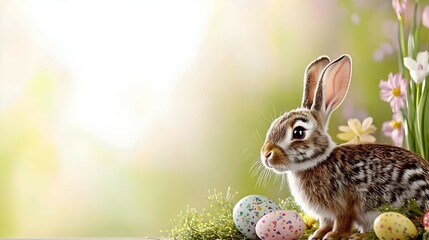 Obraz premium Brown Rabbit with Easter Eggs and Spring Flowers