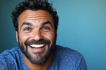 Obraz premium Smiling Man with Beard Against Blue Background