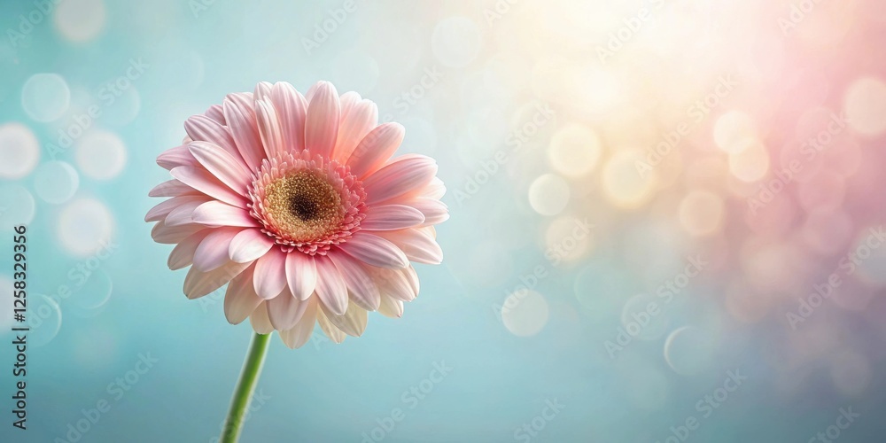 Poster a single delicate pink gerbera daisy on a soft, pastel background with a bokeh effect.