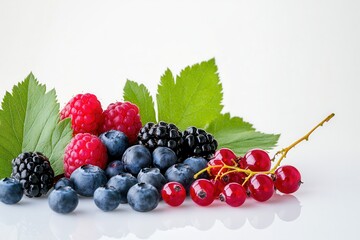 Fresh berry medley showcasing vibrant blueberries, raspberries, blackberries, and currants with natural leaves on a white surface. Generative AI
