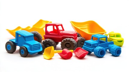 Obraz premium Colorful plastic toy trucks and shovels on white