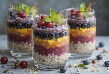 A glass jar with layers of smoothie, fruit, and oatmeal, garnished with red currants and mint on a wooden background