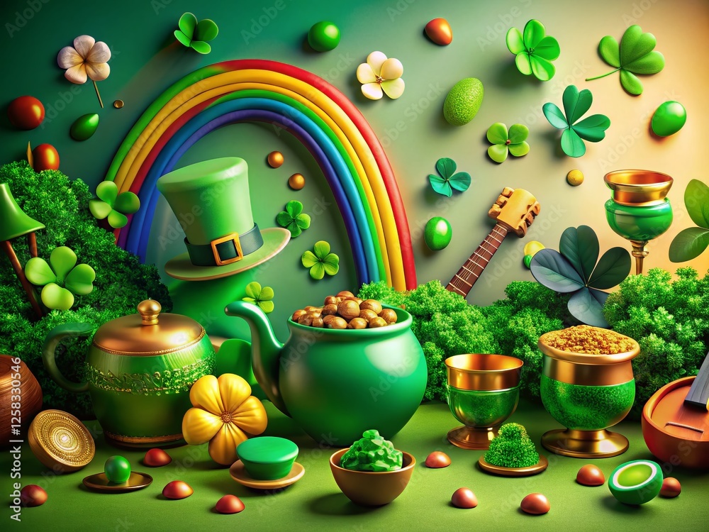 Wall mural Panoramic Collection: St. Patrick's Day Symbols - Shamrocks, Leprechauns, and More