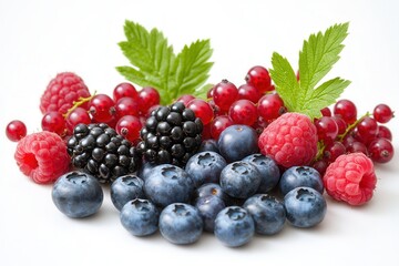 Vibrant assortment of fresh berries featuring blueberries, raspberries, blackberries, and currants set against a clean white background. Generative AI