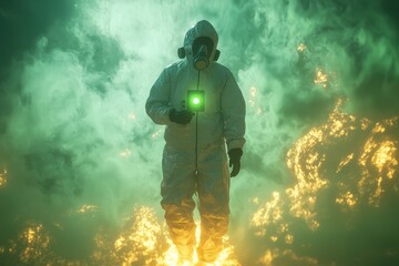 Fototapeta premium A scientist in a hazmat suit stands amidst vibrant green smoke, holding a device with a glowing green screen, highlighting environmental research and safety protocols.