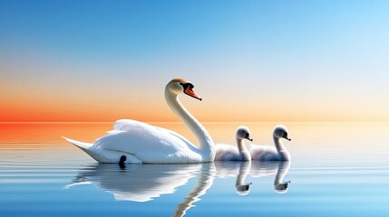 Fototapeta premium Elegant Swans Swimming Tranquilly at Sunset over Calm Waters