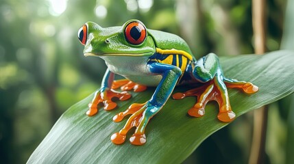 Fototapeta premium Vibrant Green Frog with Red Eyes Resting on Leaf in Rainforest