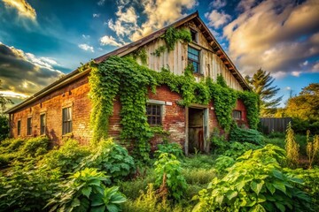 Fototapeta premium Abandoned Urban Farm Building, World Food Day, Decaying Structure, Grunge Texture, Food Insecurity