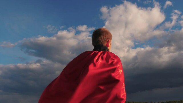 child boy son kid superhero plays park sunset red cape wind, childhood dream happy family wind sky, children games, astronaut pilot flight, winner superhero with cape suit silhouette, brave strong