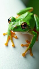 Obraz premium Grenouille verte avec le dos vers un panneau blanc, green frog, leaves, pond