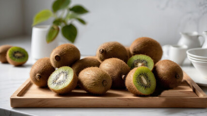 Kiwi fruit on a wooden tray in a bright kitchen