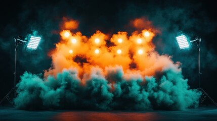 Stage setup with smoke and lights for video photography and cinematography production tools