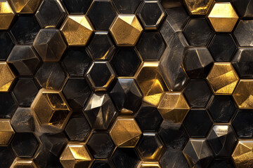 rotating hexagonal tiles in a seamless pattern with glossy reflections of gold and black, evoking a futuristic vibe.