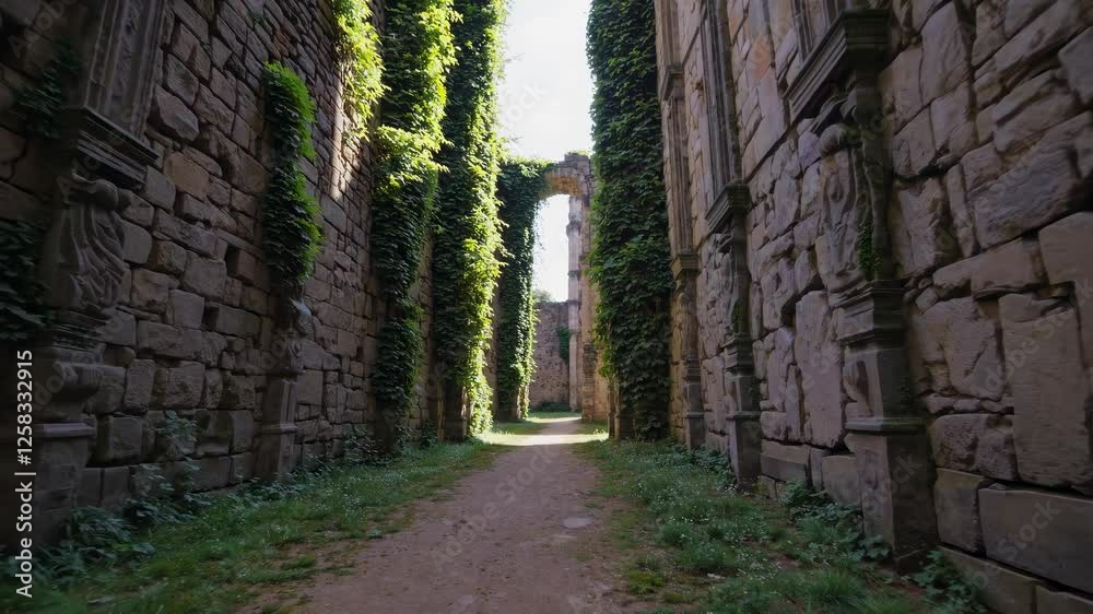 Poster explore the ancient ruins adorned with lush greenery in a tranquil setting