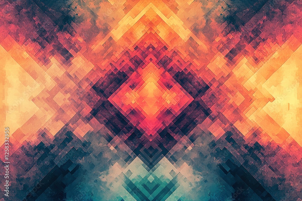 Poster symmetrical abstract background with geometric shapes and a distressed texture, displaying a vibrant