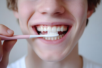 Fototapeta premium Photo portrait of a boy brushing his teeth with toothbrush smiling with clean teeth. For a dental ad, isolated on white background