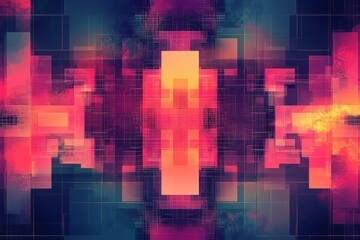 An abstract composition of geometric shapes and lines with a retro color palette, evoking a sense of technological complexity and a retro-futuristic aesthetic.