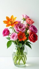 Fototapeta premium Group of different colored flowers in a vase on a white background with some greenery , floral, flowers and greens, white background