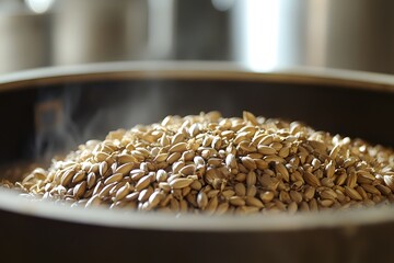 Brewing Barley: A close-up shot of malted barley steaming gently in a large metal vessel, capturing the essence of the brewing process. The grains are illuminated, emphasizing their texture and color.