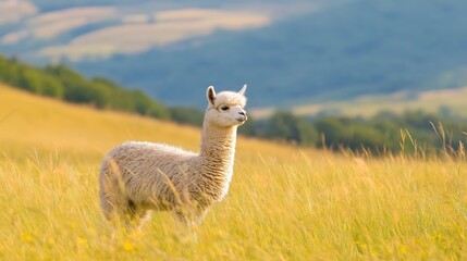 Fototapeta premium Cream Colored Alpaca In Golden Grass Field. Image With Calm Atmosphere. Image Has Animal. Image Is N