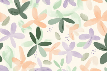 A seamless abstract pattern with soothing pastel hues of lavender, mint green, and pale peach. Gentle watercolor textures and smooth transitions create a peaceful, tranquil design.