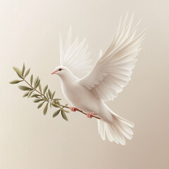 Fototapeta premium Elegant White Dove Holding Olive Branch on Soft Neutral Background – Symbol of Peace, Spiritual Illustration, Religious Artwork