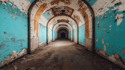 Fototapeta premium Abandoned industrial corridor with peeling paint and worn walls
