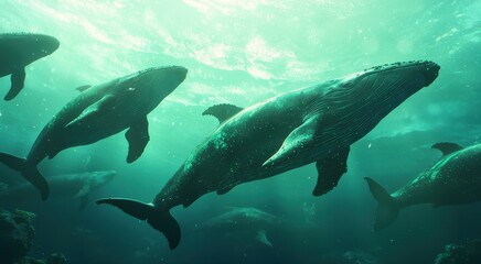 Fototapeta premium Majestic Humpback Whales Swimming Gracefully Underwater Scene