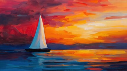 Fototapeta premium Colorful Sunset with Sailboat on Calm Water in Vibrant Sky