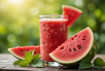 A person holding a glass of watermelon smoothie with a nature background