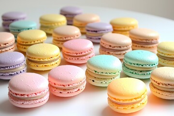 Obraz premium Delicate and colorful macarons on a white surface, pastel hues create an appetizing dessert, perfect for tea parties and celebrations, delightful confectionery sweets.