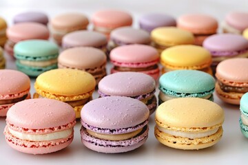 Obraz premium Rows of colorful macarons on a bright surface, a delightful and tasty assortment of French desserts, perfect for patisseries and sweet treats displays.