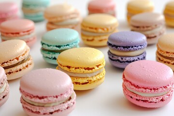 Obraz premium Delicious and colorful macarons arranged on a white surface, perfect for a sweet treat, with a variety of pastel shades like pink, yellow, and lavender.