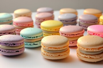 Obraz premium Pastel macarons in an eye-level shot on a white surface, delicious French meringue-based confection with sweet fillings displayed closely, gourmet delight.