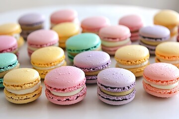 Obraz premium A vibrant assortment of colorful macarons, arranged meticulously on a clean white surface, perfect for showcasing these delightful French desserts.