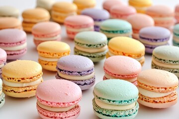 Fototapeta premium An array of pastel-colored macarons on a white background, showcasing the delightful variety of these classic French confections, perfect for a sweet treat.