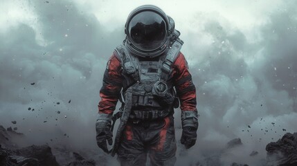 Obraz premium Astronaut in Red Suit Standing on Mysterious Alien Landscape