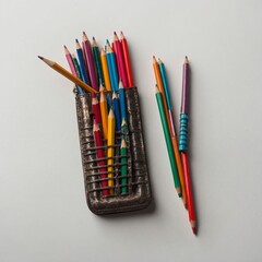 "A vintage metal pencil case with colorful pencils scattered on a white backdrop."