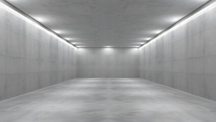 A large, empty, modern concrete garage or underground parking lot. The space is expansive and rectangular, with walls and floor made of gray concrete.