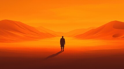 Solitary Figure in an Expansive Orange Desert Landscape at Dusk