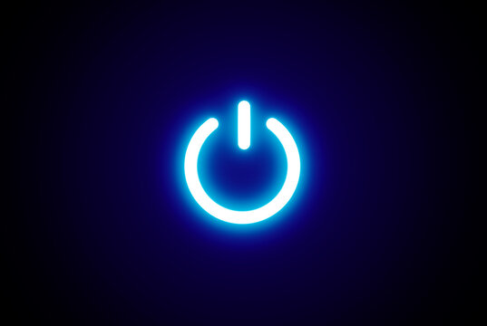 Neon glowing power button Blue icon. Neon light power button turning on and off.  Power Switch symbol. Power switch and button icon on black background