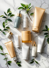 various cosmetic products on a marble surface with leaves arround it. Luxurious Skincare Collection