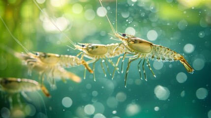 Several shrimp are seen swimming in clear water, showcasing their delicate features as sunlight creates a sparkling effect, with aquatic plants blurred in the background.