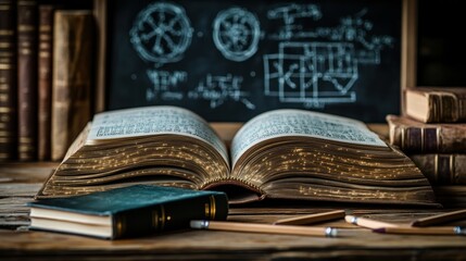 Obraz premium Open ancient book on wooden table with pencils, surrounded by old books and chalkboard notes
