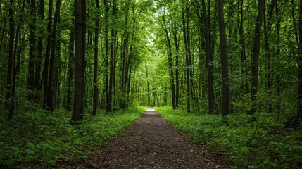 Obraz premium A serene forest path lined with tall trees, leading into lush greenery under a bright sky.