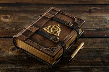 Brown leather book with the triquetra symbol 