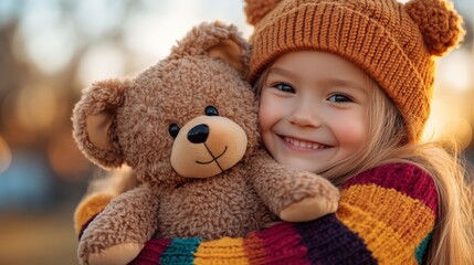 A joyful little girl with a cozy knit hat warmly embraces her teddy bear, exuding happiness and childhood innocence against a softly blurred autumn backdrop.