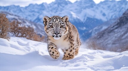 Obraz premium Snow leopard running snowy mountain wildlife